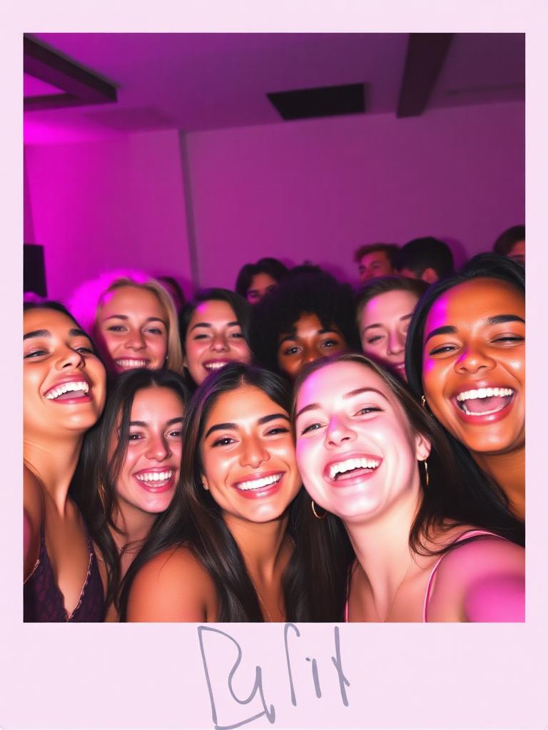 Group of friends laughing in a polaroid