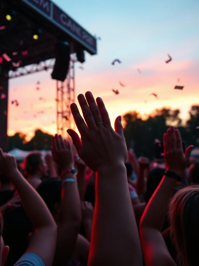 Hands raised at a sunset concert